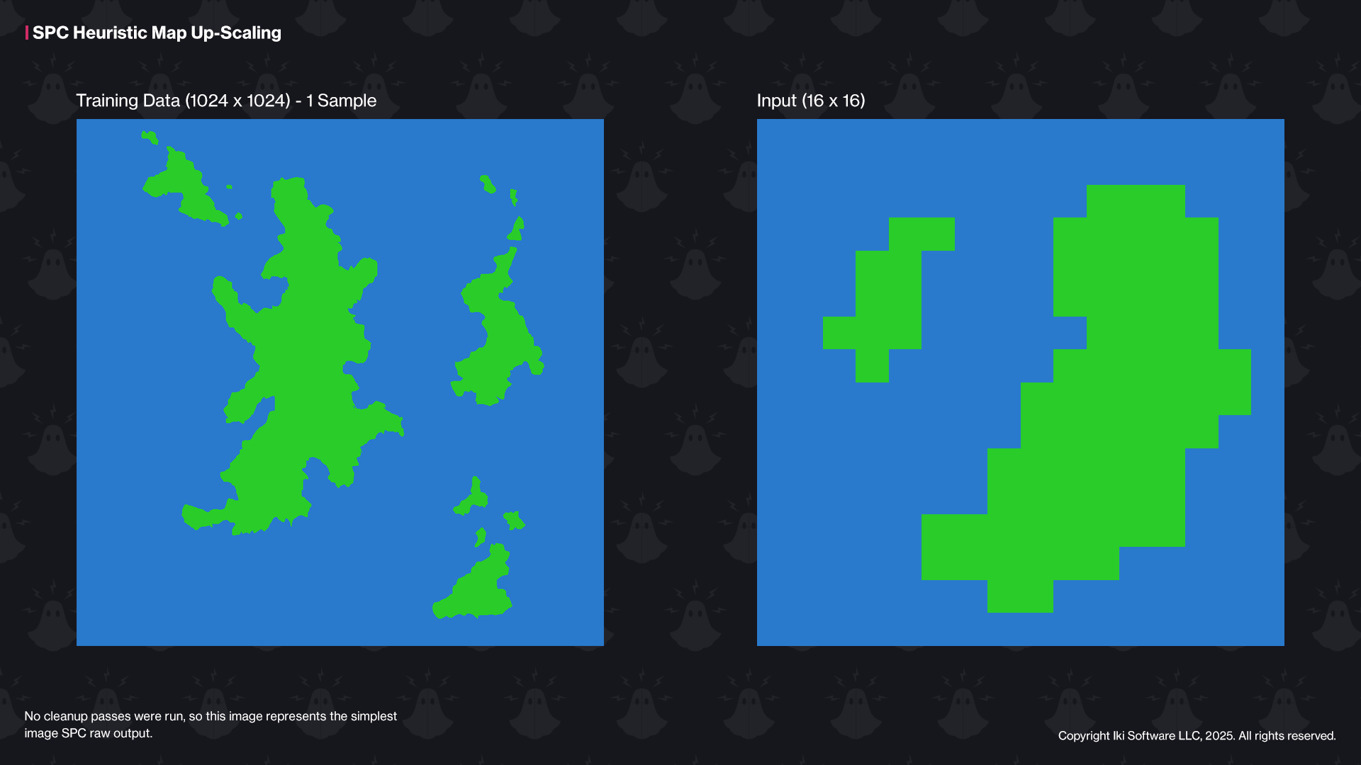 An example of an Image SPCs being used to upscale a heuristic image of an island from 16x16 to 512x512 using one image worth of training data.